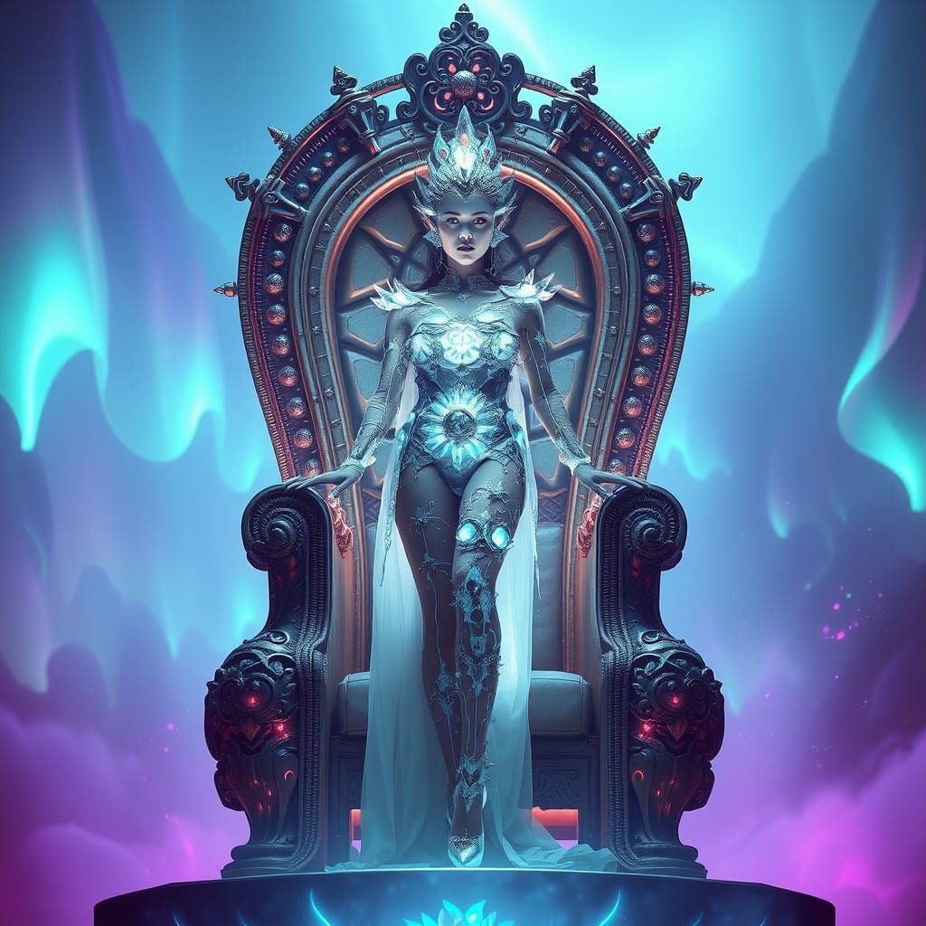 Woman on Crystal Throne with Cyberpunk Details