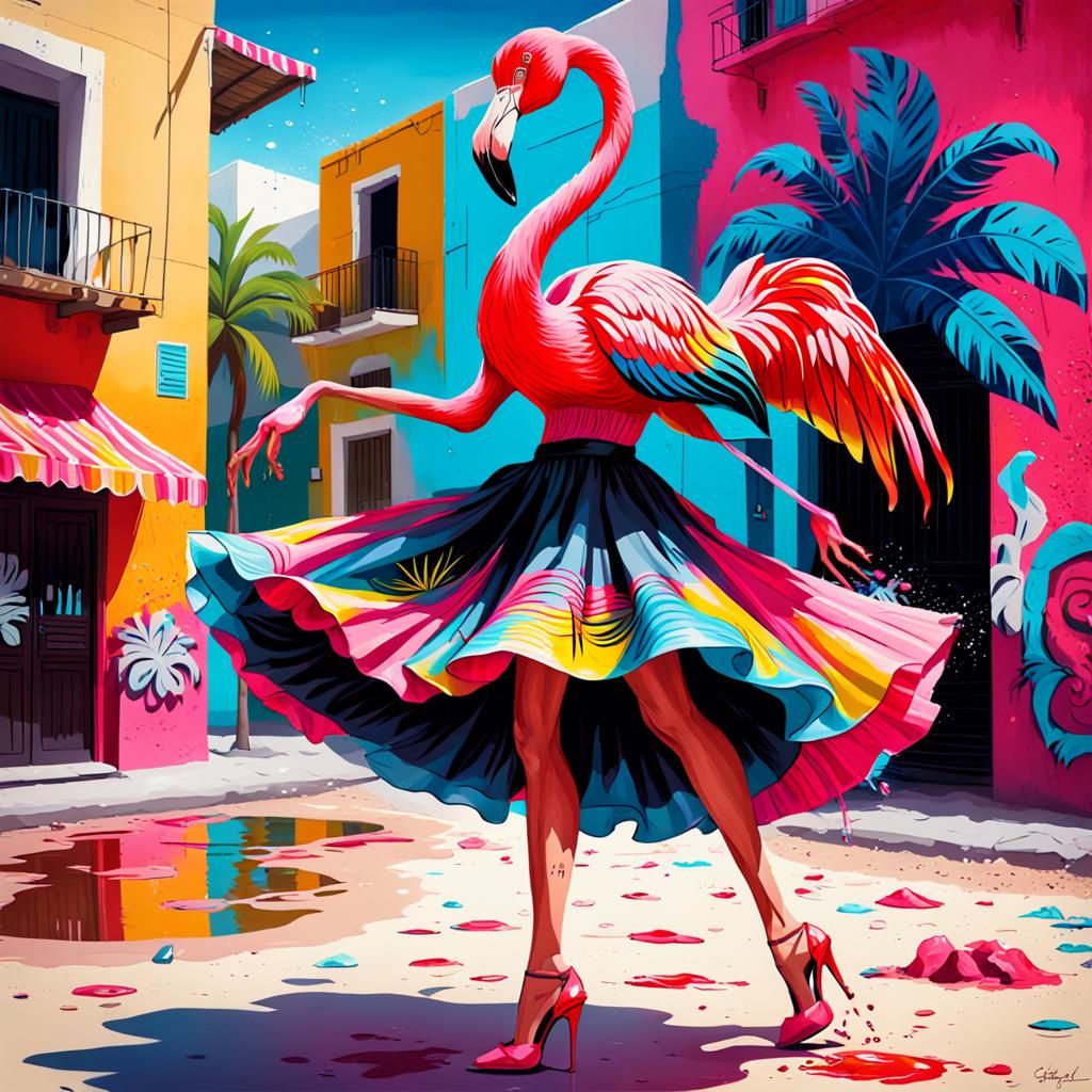 Flamingo Dancer in Spanish Skirt, Graffiti Art Style