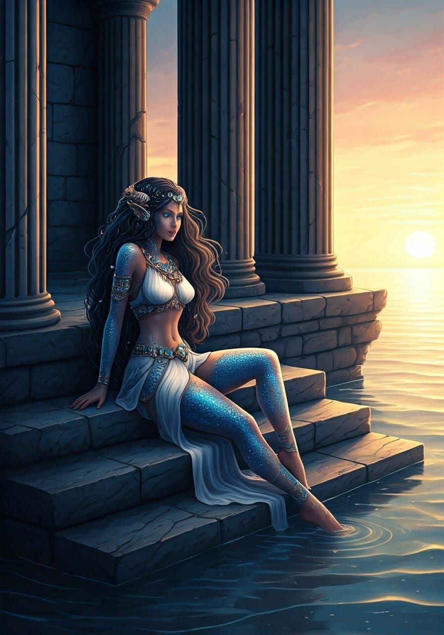 Greek Goddess in Tropical Island Attire with Shimmering Scal...