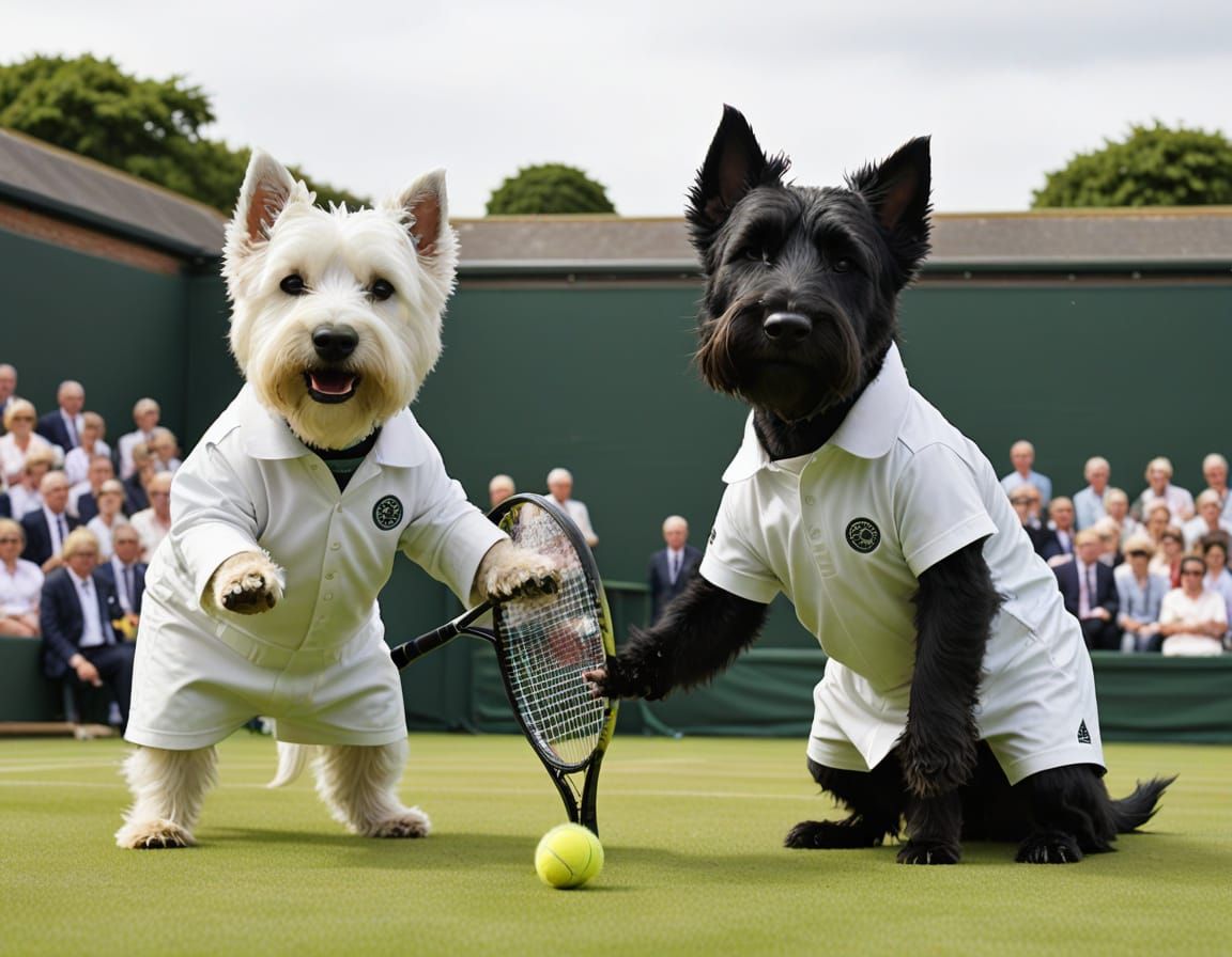 Dogs Playing Tennis at Wimbledon in White Outfits