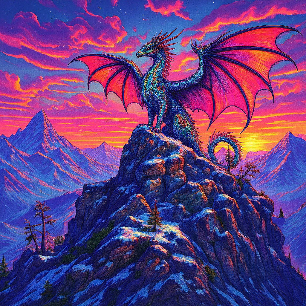 Dragon Kirin on Mountain Peak at Sunset