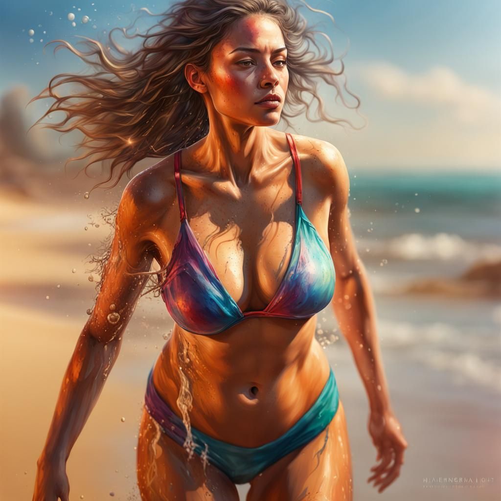 Realistic Woman on Beach in Bikini: Hyperrealistic Art