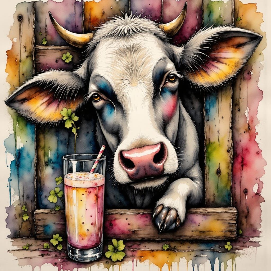 Close-up whimsical illustration of a sleepy cow with droopin...