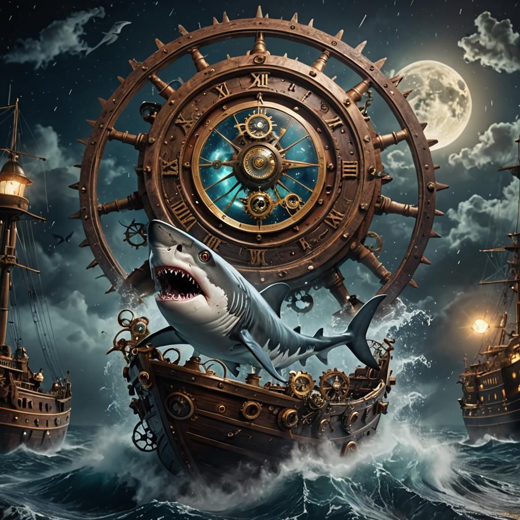 Steampunk Shark Jumps to Moon in Stormy Sea