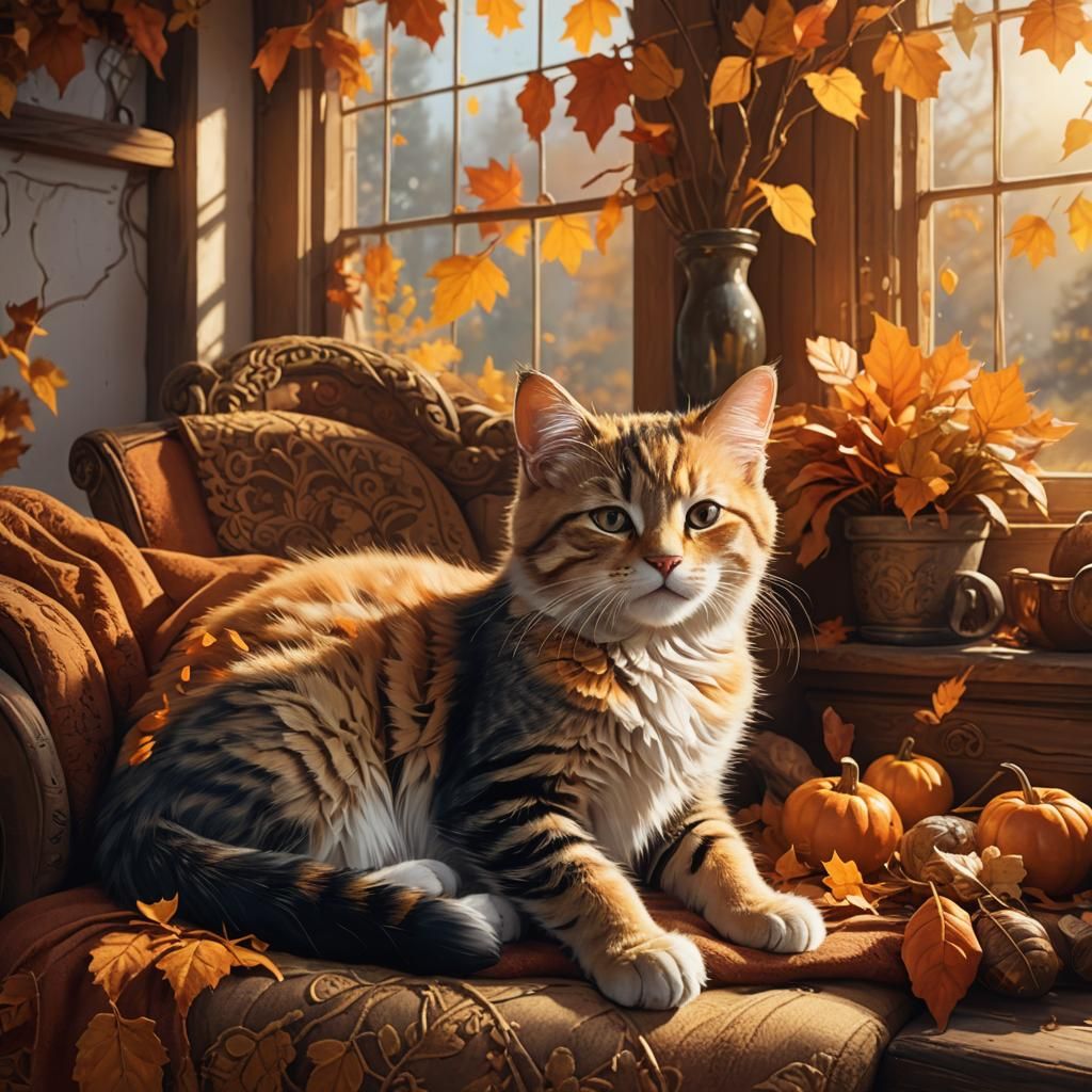 Cozy Autumn Cottage Scene with Sleeping Kitten