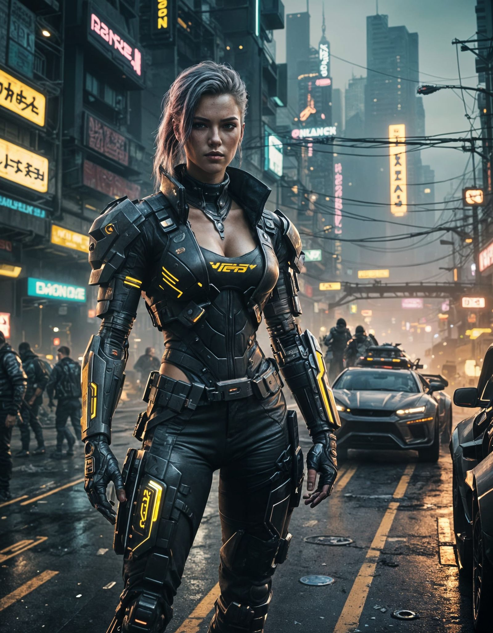 Cyberpunk Woman in Night City Street Scene