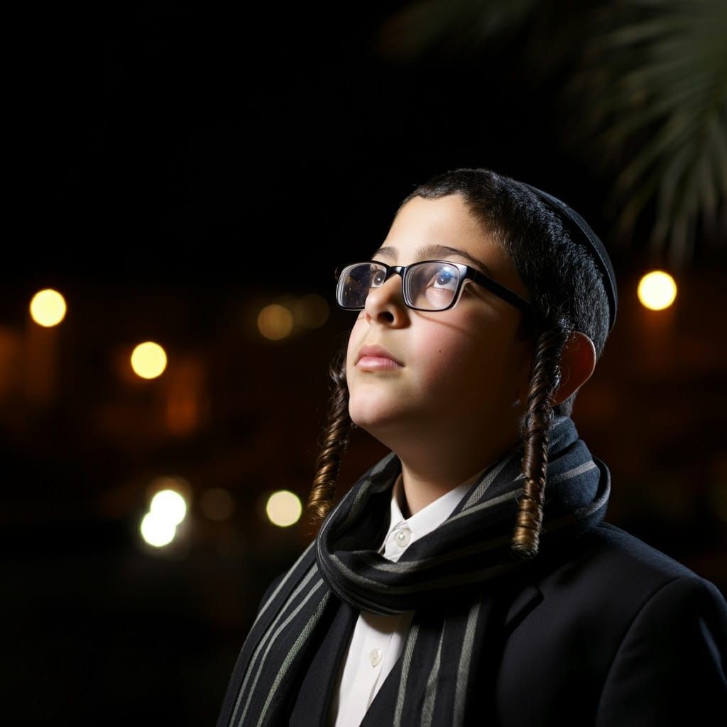 Serious Young Boy in Ultra-Orthodox Attire in Low-Light Sett...