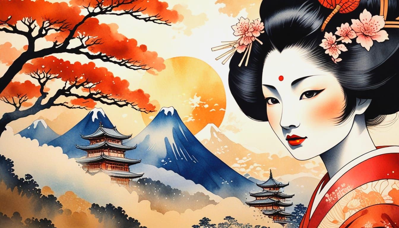 Geisha Double Exposure in Batik Watercolor Style