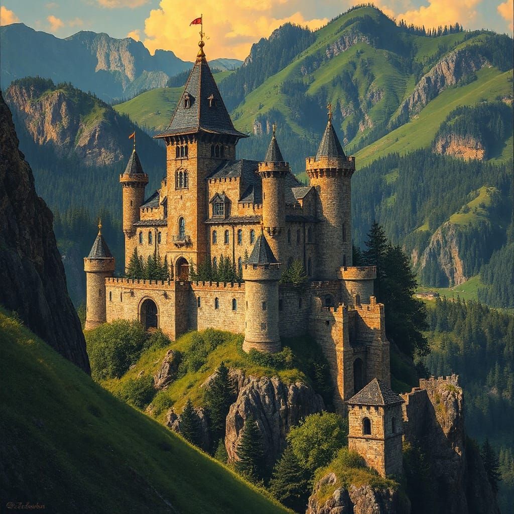 Majestic Fortress Among Green Hills and Cliffs