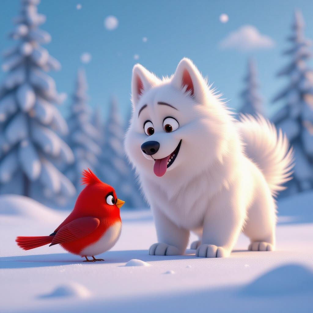 Red Bird and White Dog Discover Snow in Pixar Style