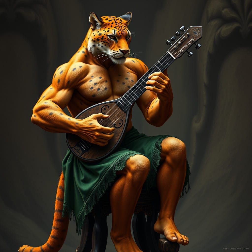 Muscular Gay Panther Anthro in Traditional Attire Plays Intr...