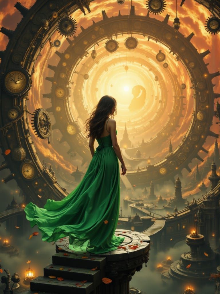 Woman by Ancient Clockwork Amidst Autumn Fall