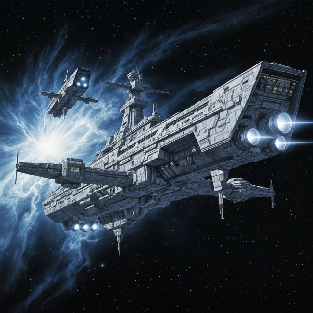 Starship in Deep Space with Escort, in Peter Elson Style