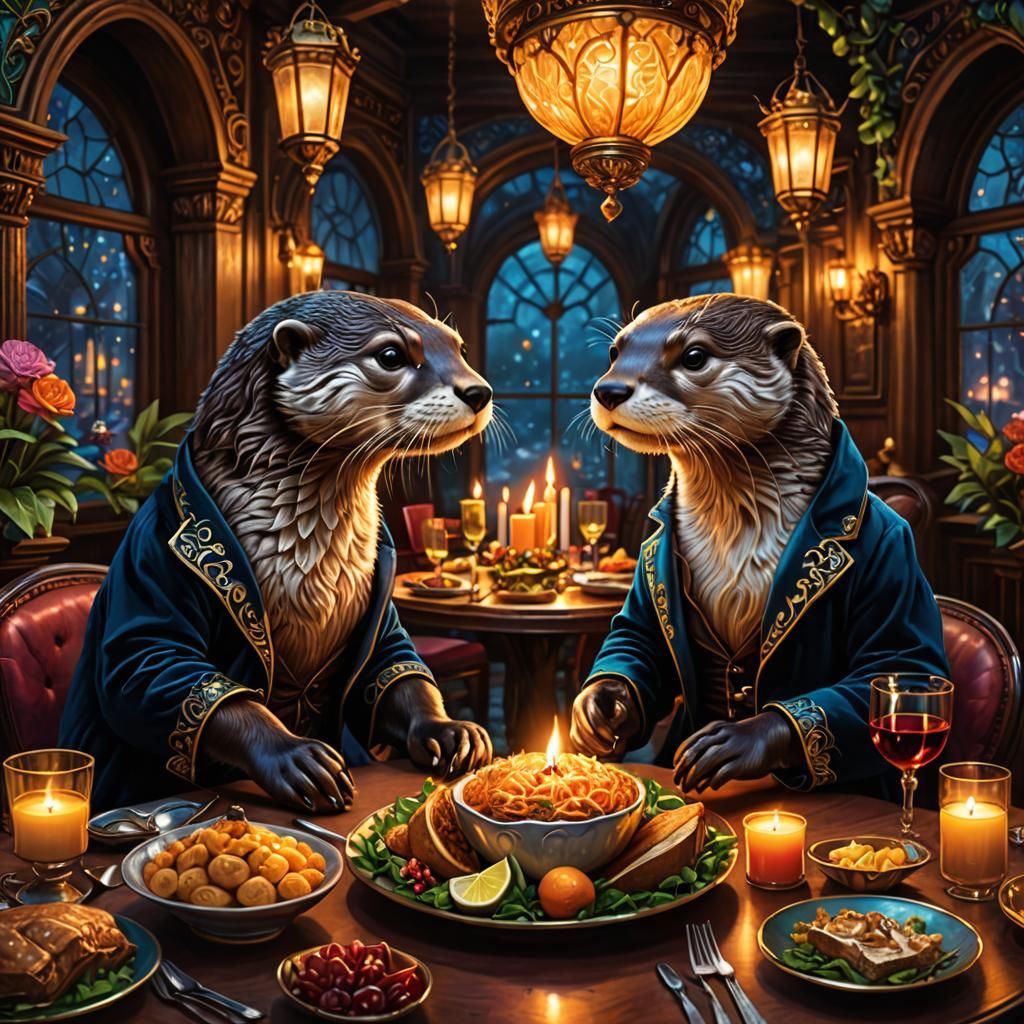 Otter Couple's Candlelit Dinner: Detailed Colorful Illustrat...