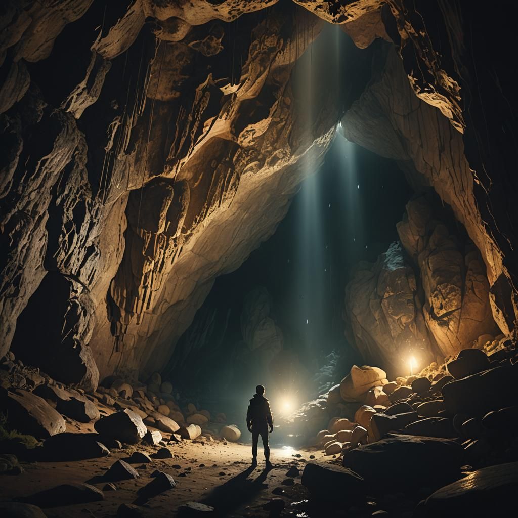 Mysterious Cave Entrance with Flickering Torchlight