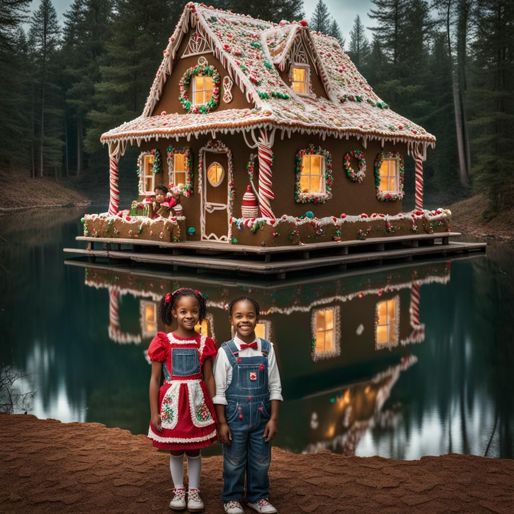 Gingerbread House by Lake: Hyperrealistic Children's Scene