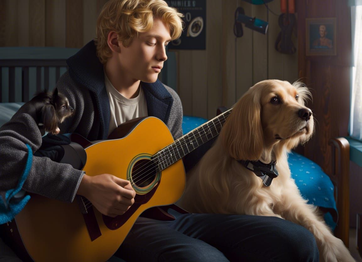 Boy with Guitar and Puppy in Bedroom