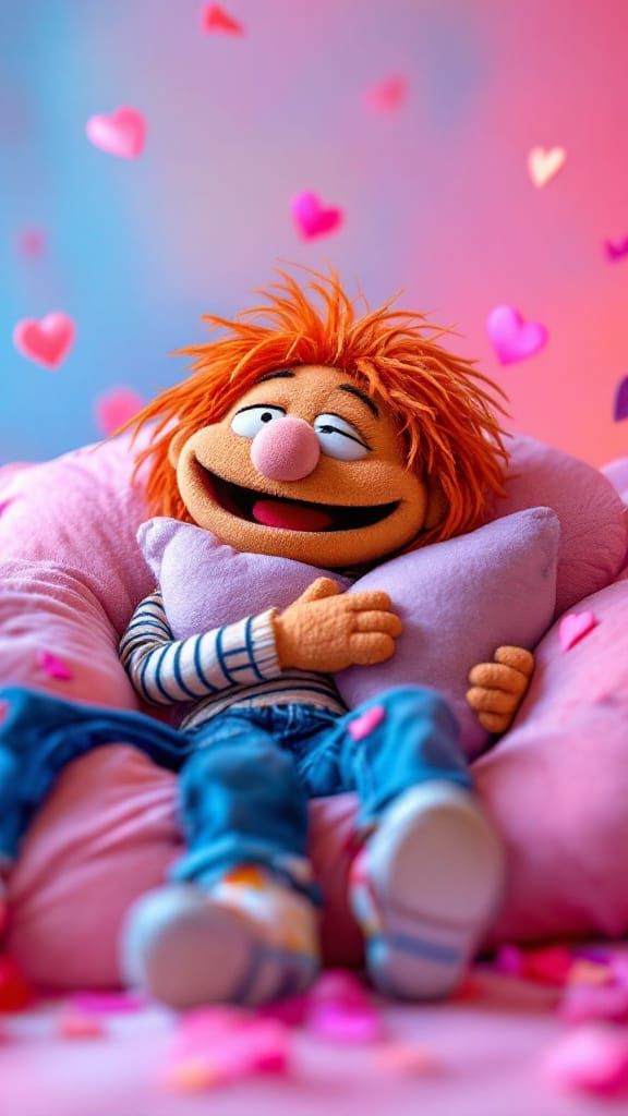 Funny Orange Puppet Relaxing on Cozy Couch in Studio