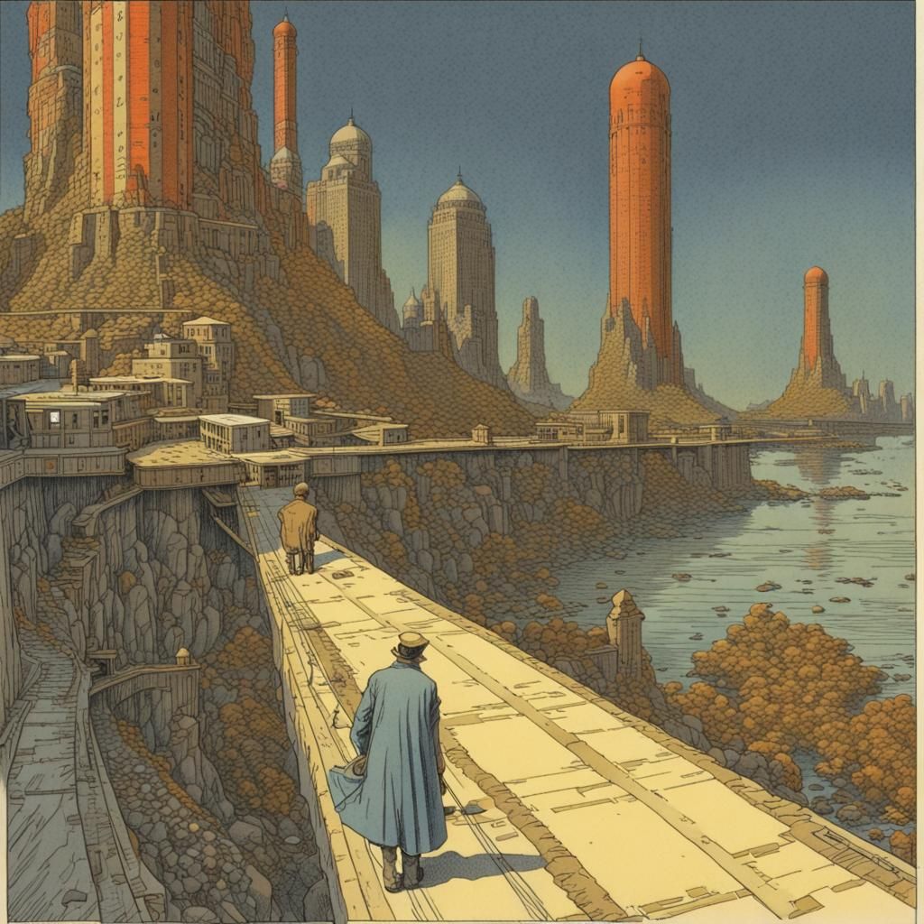 Ancient Harbor Ruins in Color Line Art