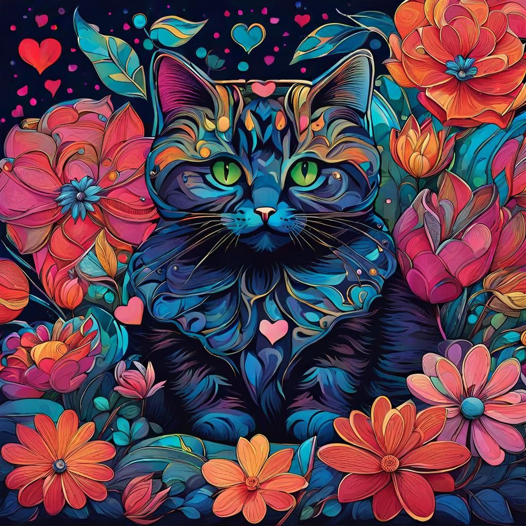 Cute Cat Surrounded by Flowers in Psychedelic Art