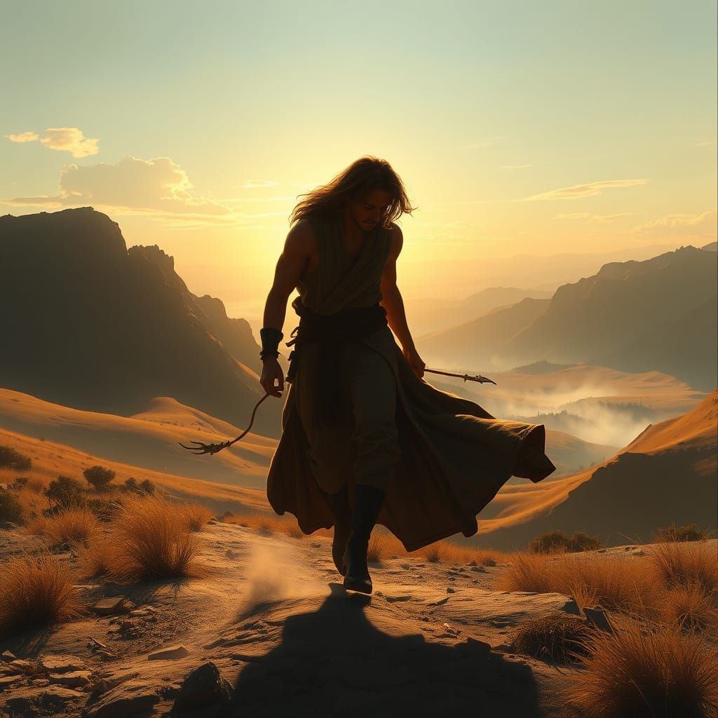 Dynamic Figure Amidst Sweeping Nostalgic Landscape