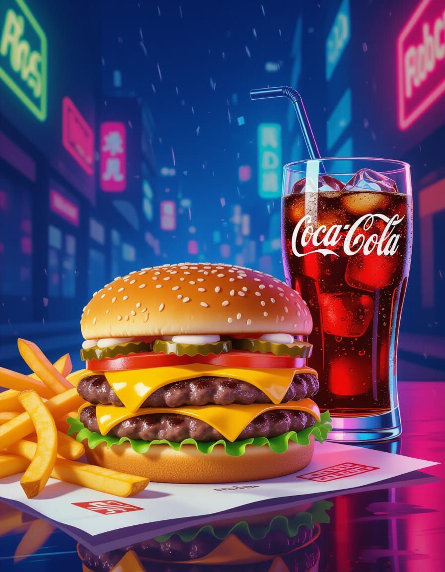 Cheeseburger, Fries, and Cola in Stylized Digital Art