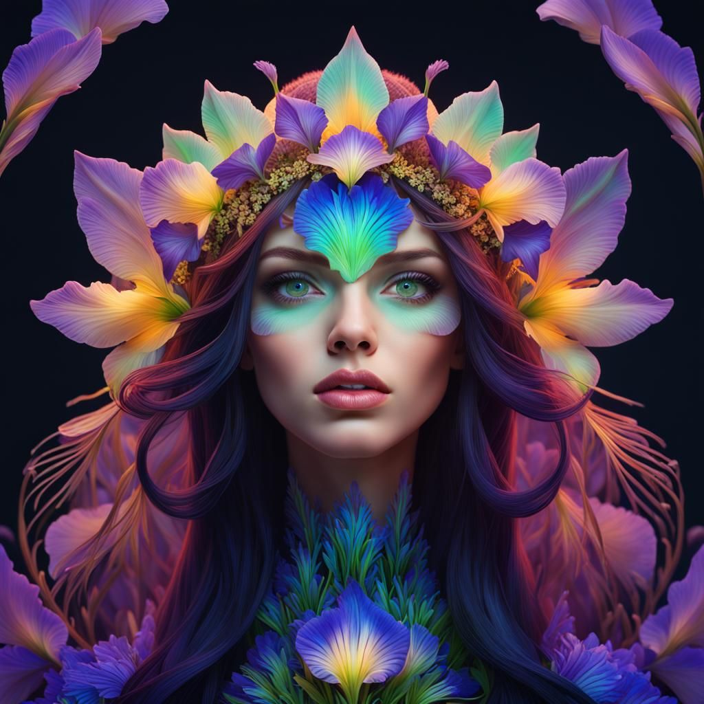 Ecstatic Woman Gazing at Bioluminescent Flower in UV Light