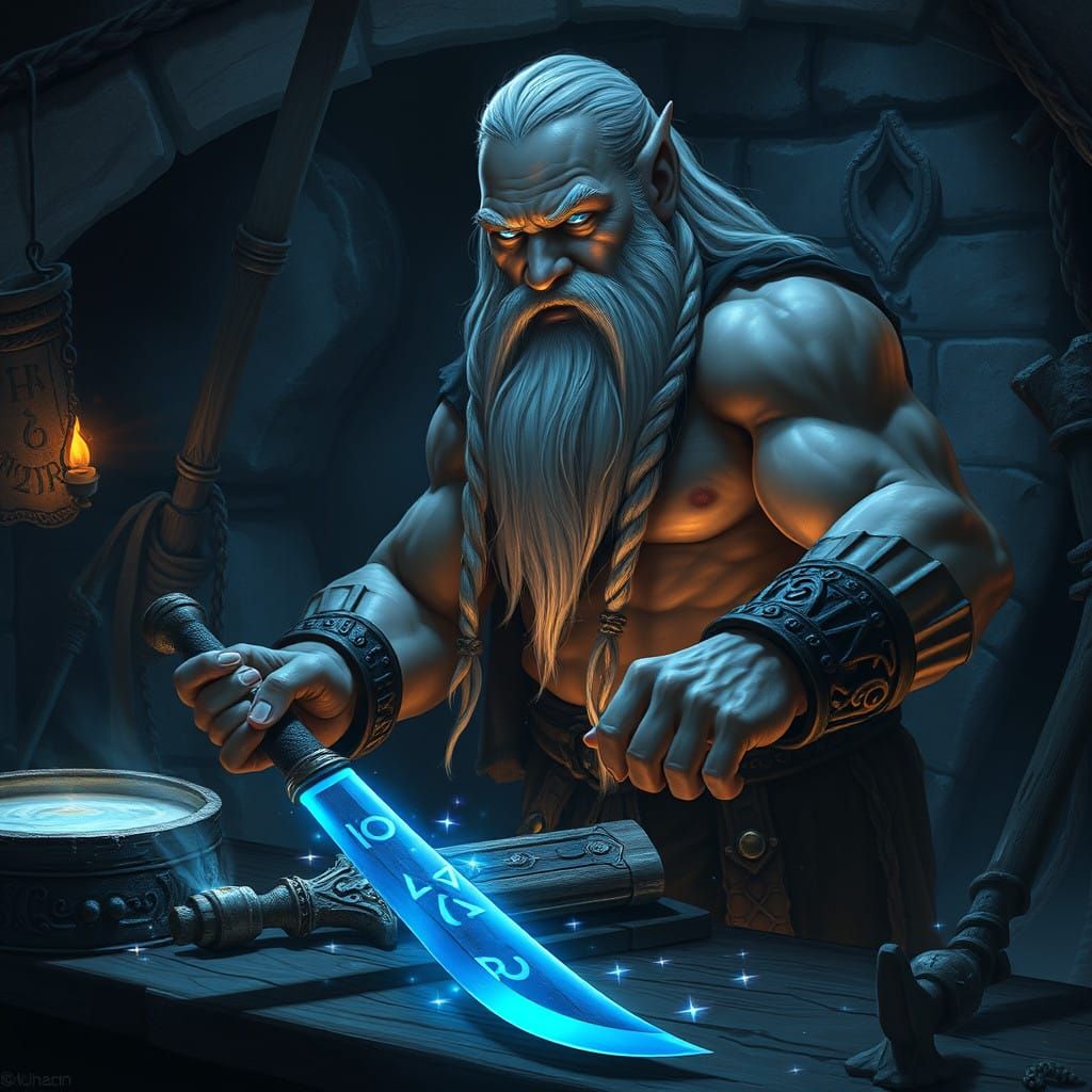 Dwarven Rune Master Illuminated by Mystical Blue Glow