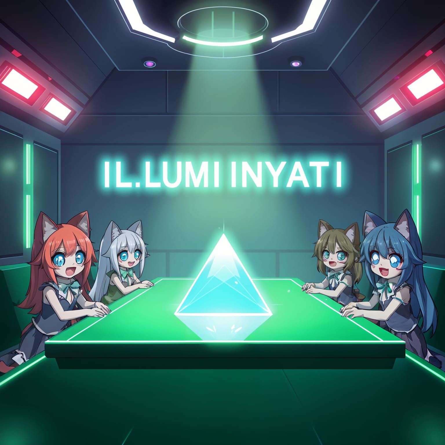 Feline Illuminati Meeting in Neon Futurism