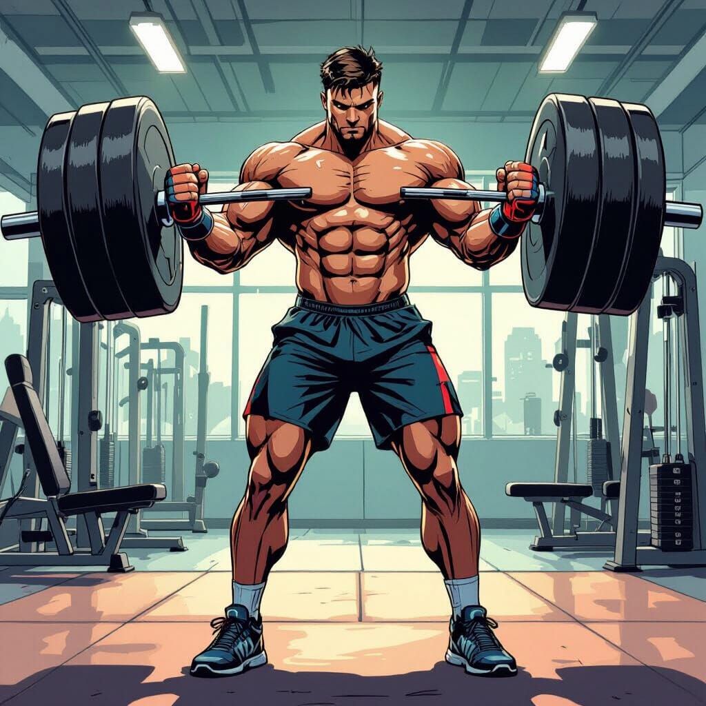 Muscular Man Lifting Weights in Comic Book Style