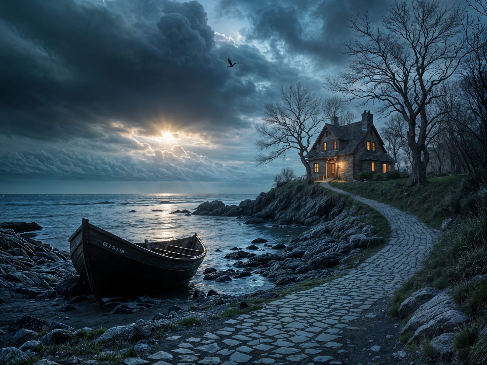 Dramatic Coastal Scene at Twilight with Lonely Boat