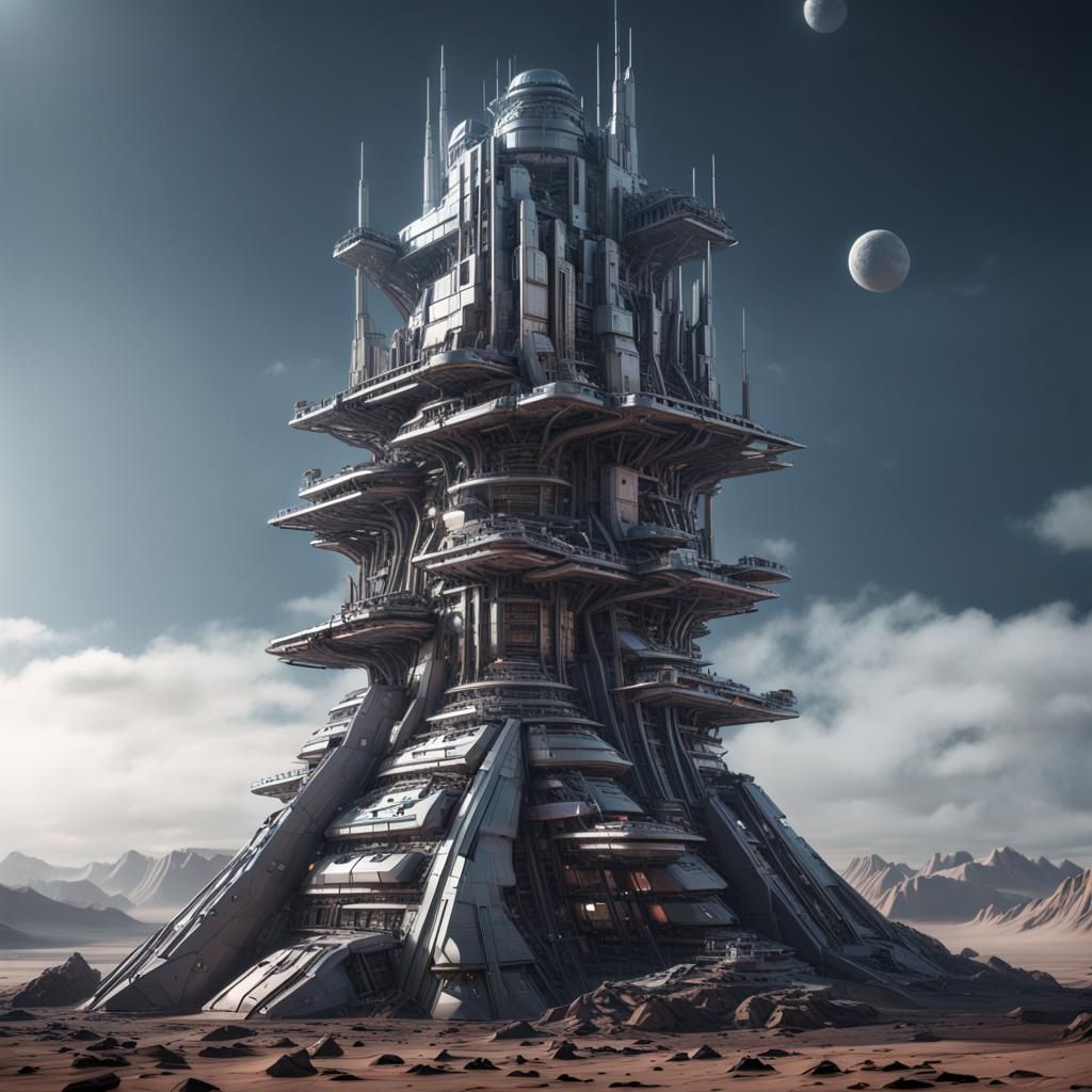Futuristic Tower of Babel on Alien Moon