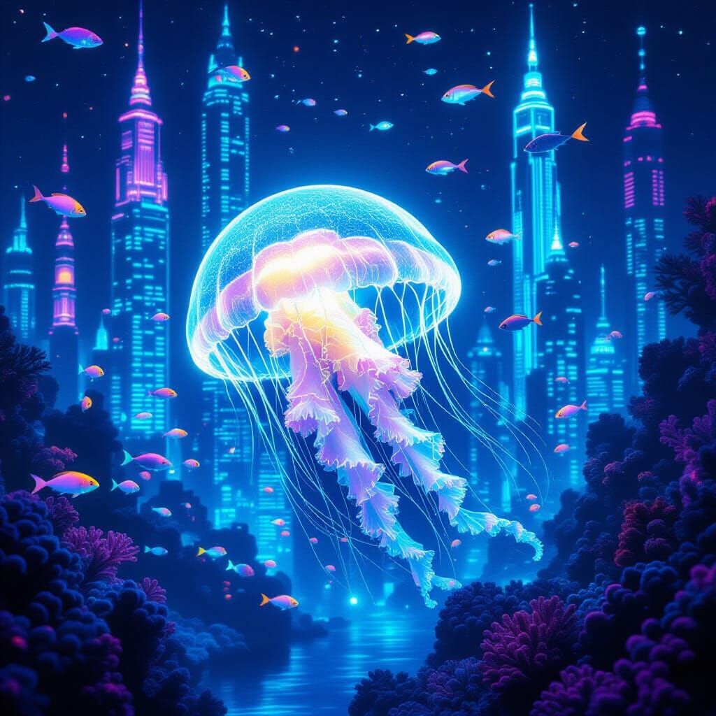 Bioluminescent Jellyfish in Underwater Cityscape