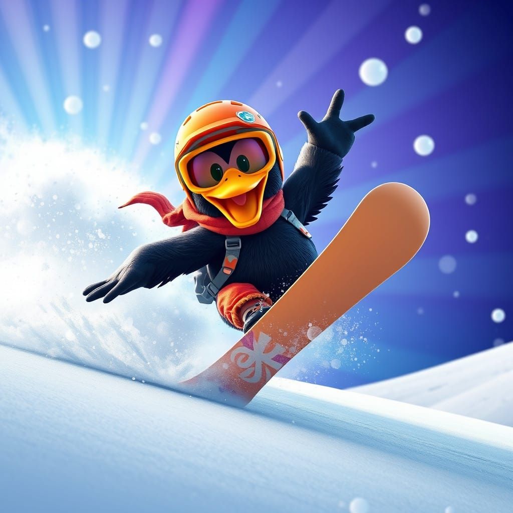 Dynamic Black Duck Snowboards Down Electric Blue Slope