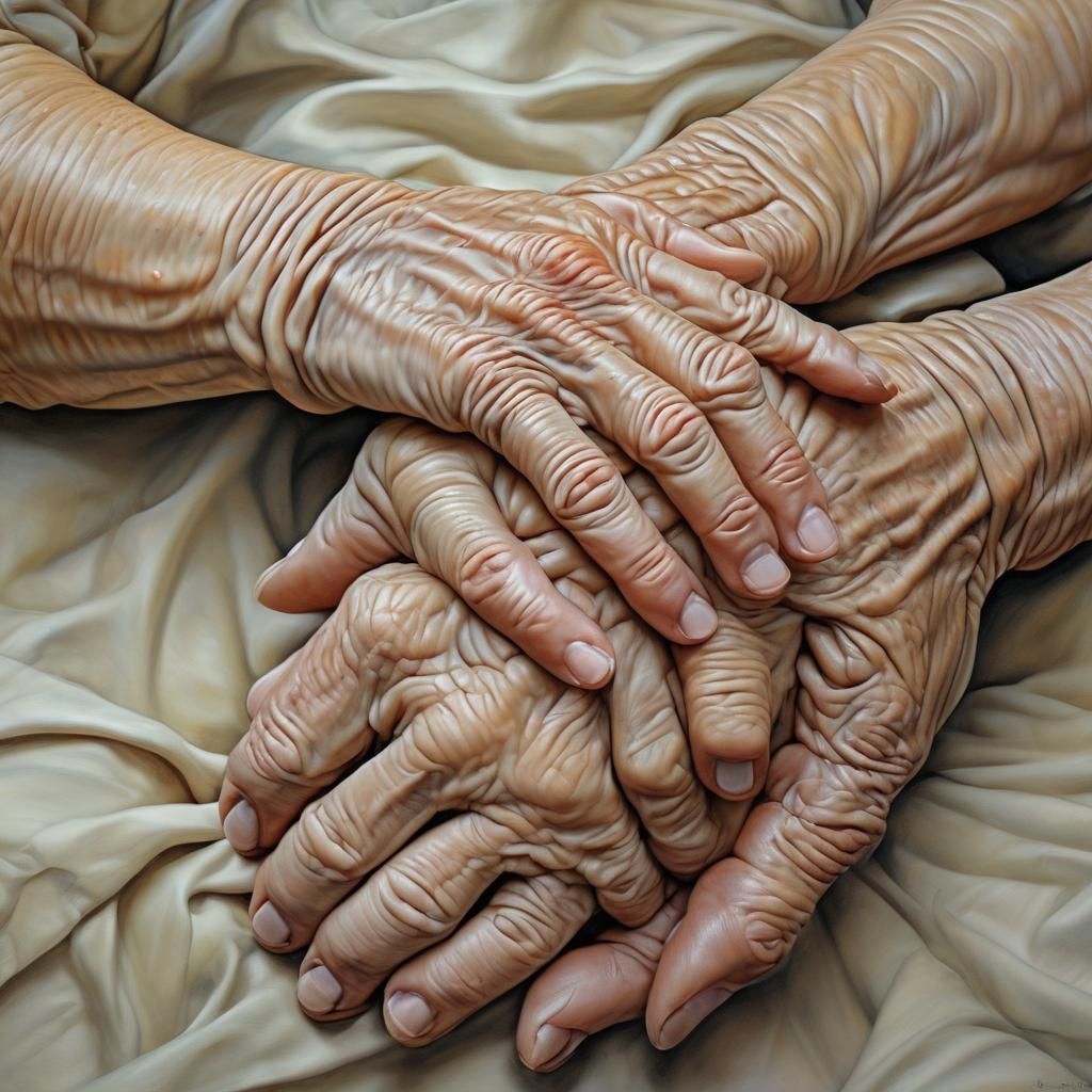 Wrinkled Hand Holding Baby's Hand: Moebius Style Oil Paintin...