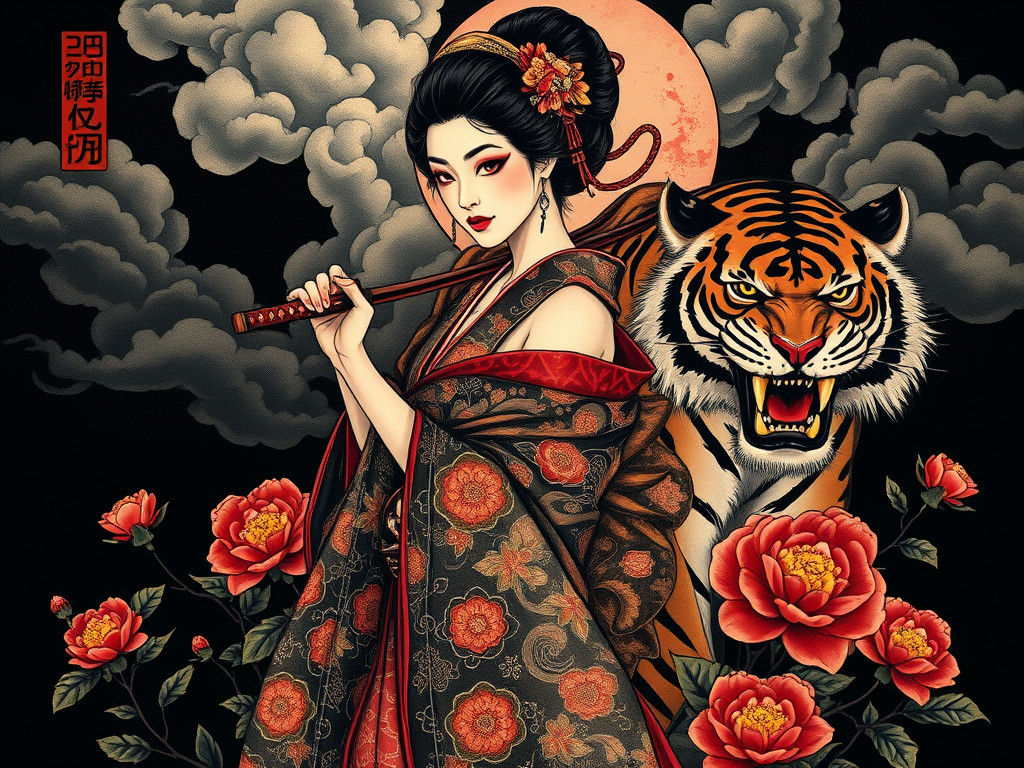 Geisha with Katana in Japanese Tattoo Style