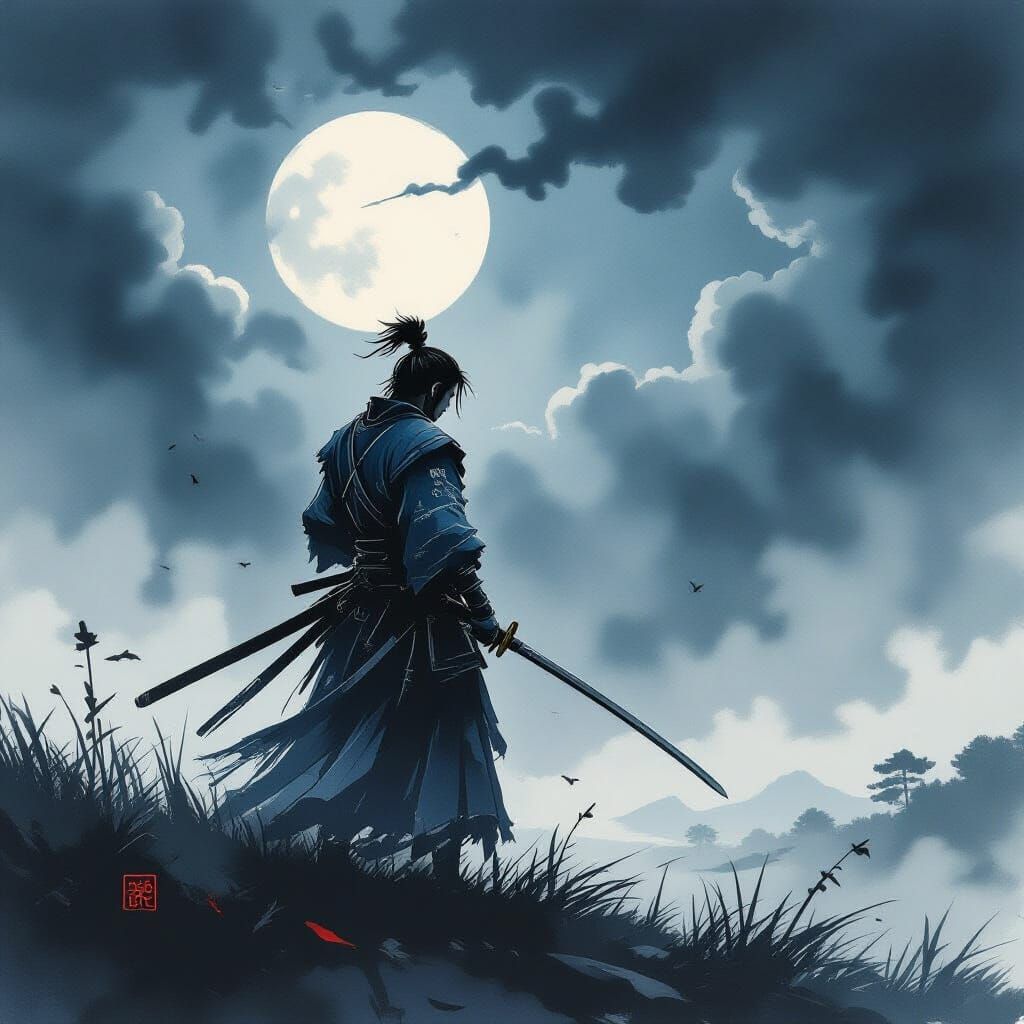 Samurai on Ancient Battlefield in Sumi-e Ink Wash Style