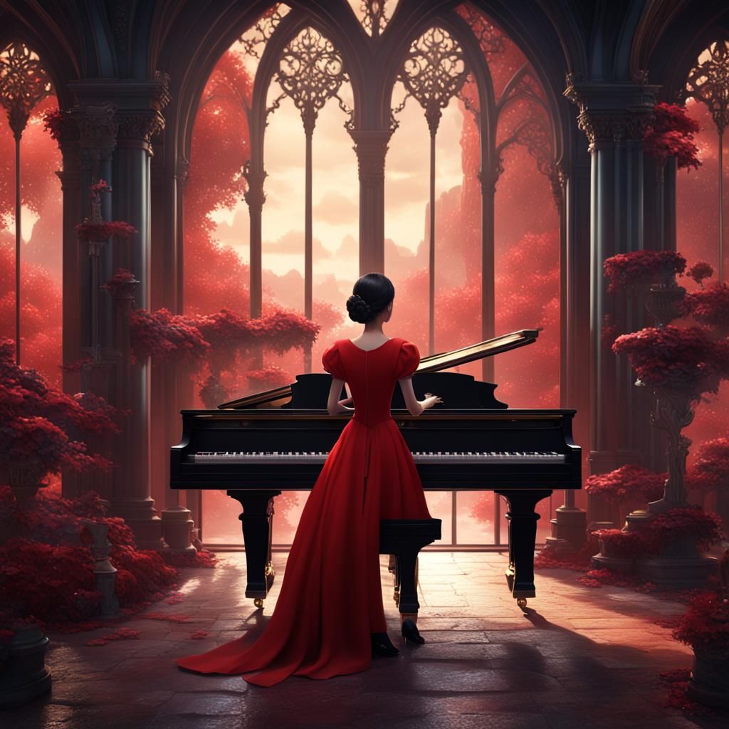 Girl with Black Hair Plays Piano in Fantasy Art