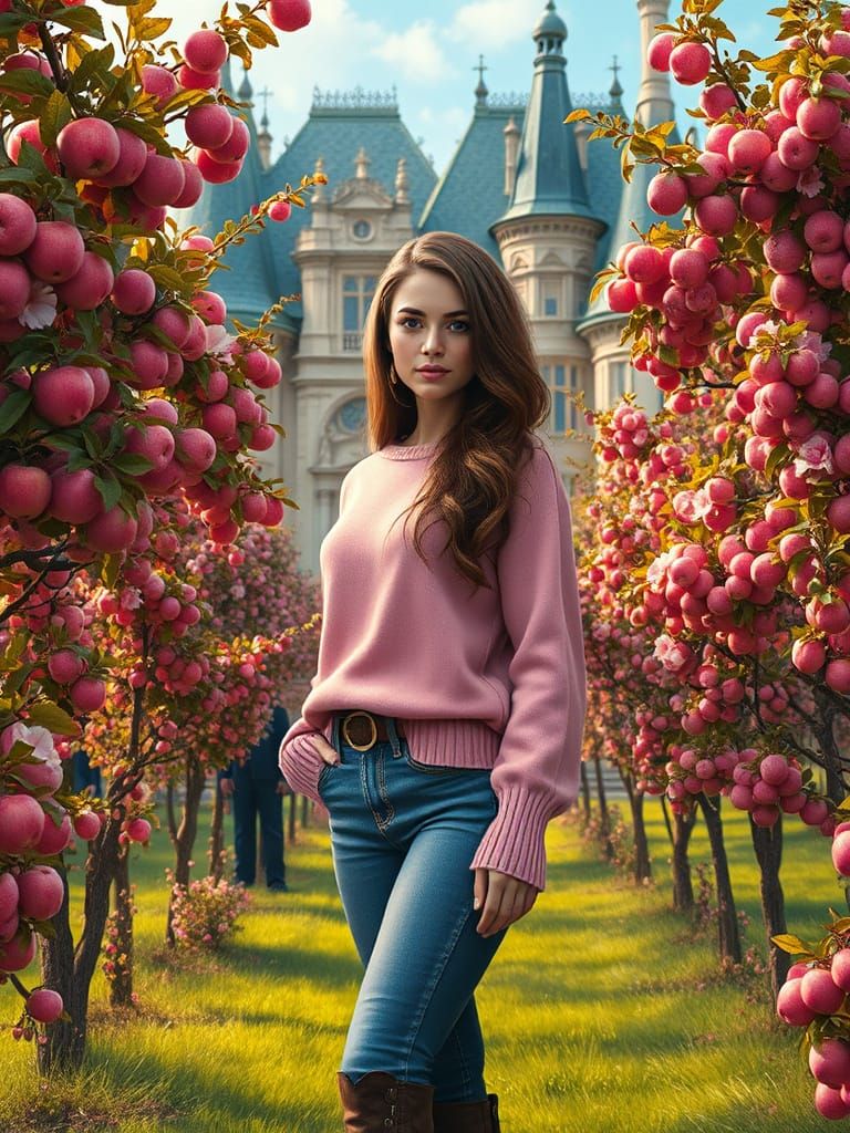 Woman in Apple Orchard, Oil Painting Style