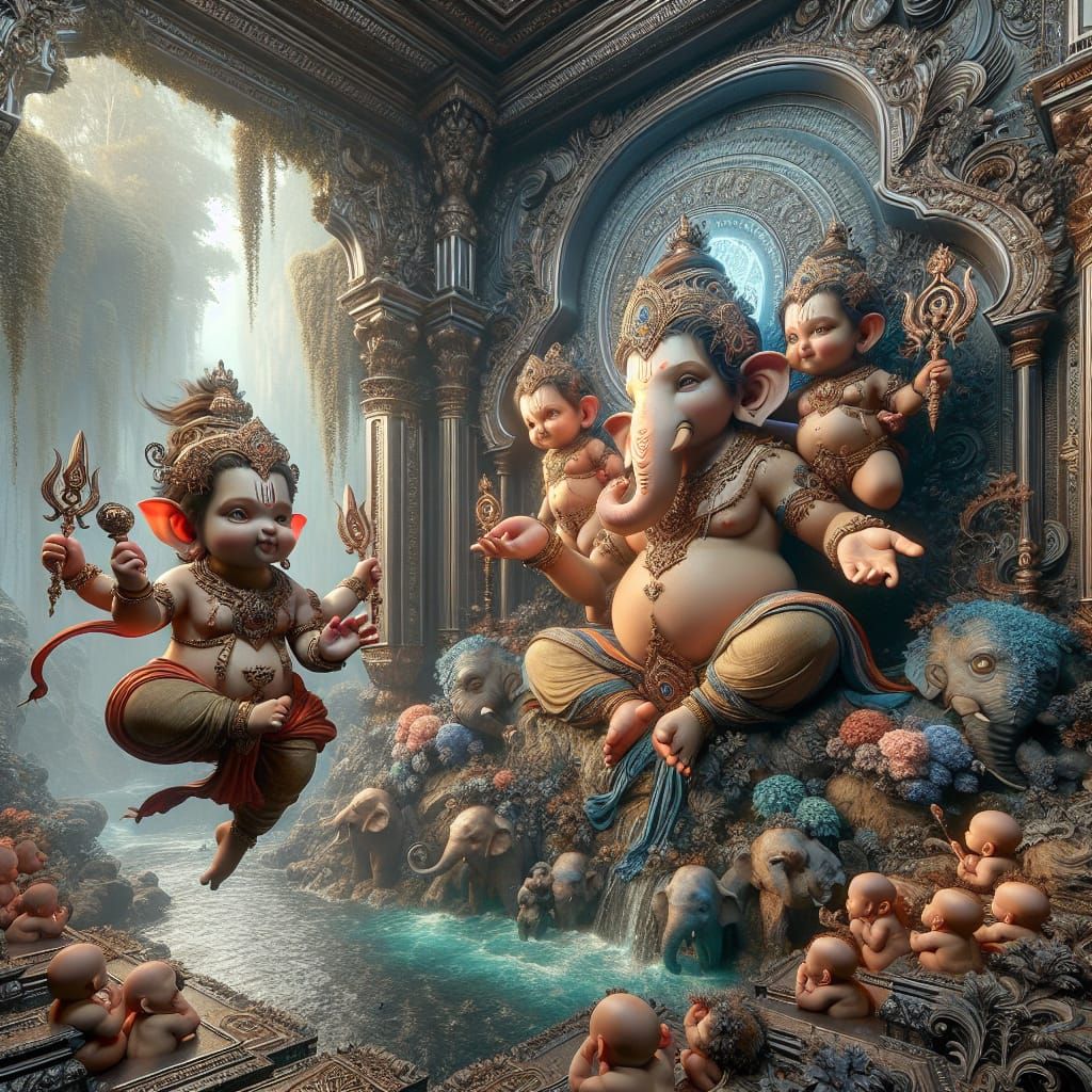 Realistic Fantasy Art of Baby Ganesha and Kartikeya