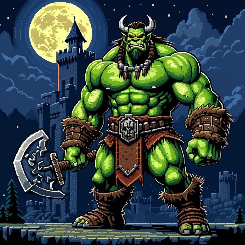 Pixel Art Ork Barbarian at Castle in 8-bit Style