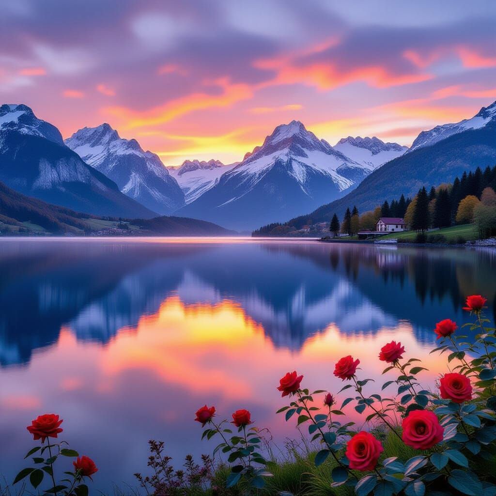 Swiss Alps Sunset Reflection Over Lake