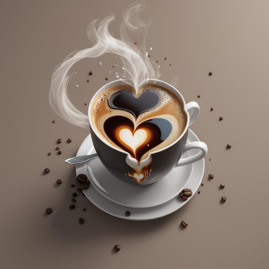 Steaming Coffee Cup with Heart in Anime Style