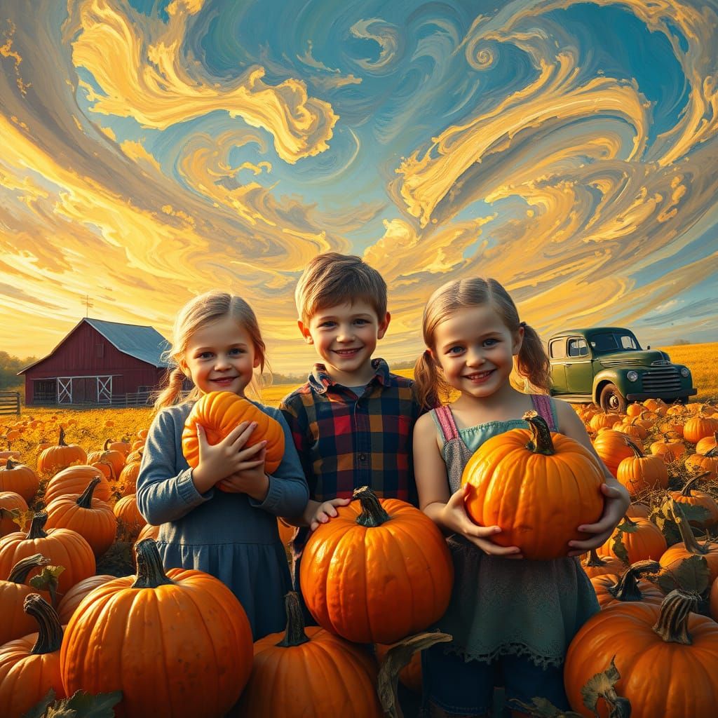 Oil Painting of Farm Children with Pumpkins in Golden Hour