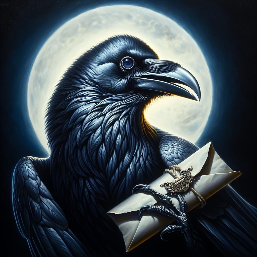 Majestic Raven Clutching Letter: Oil Painting