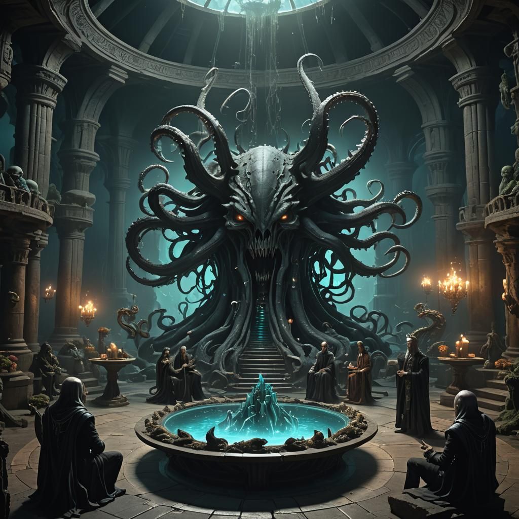 Illithid Council in Bioluminescent Underdark Chamber