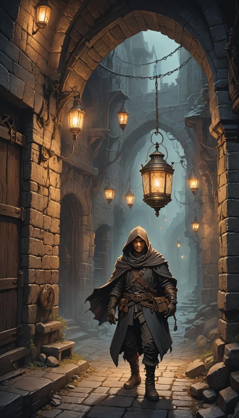 Thief Exploring Dungeon: Fantasy Illustration with Lantern