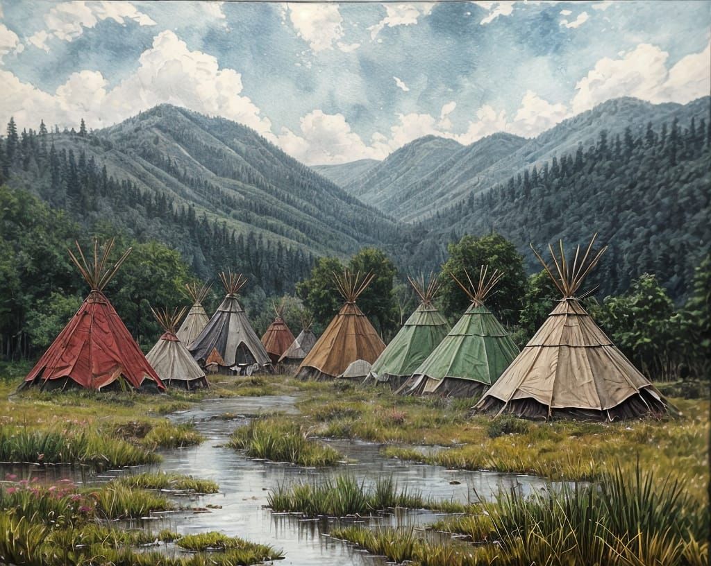 Native American Village Oil Painting with Grungy Textures
