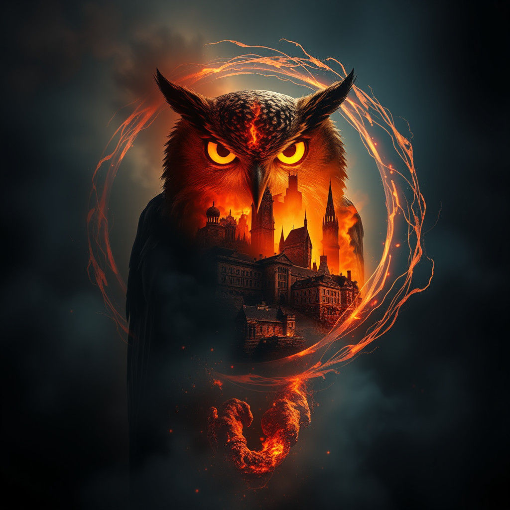 Sinister Owl Silhouette with Burning City Hologram