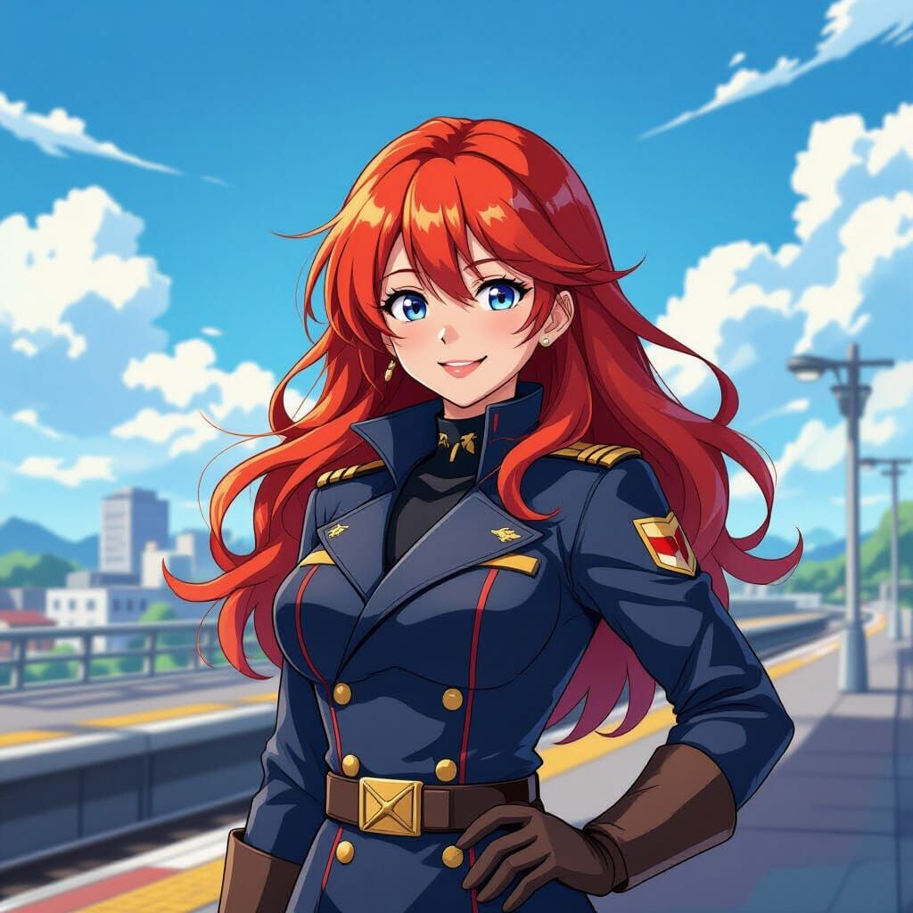 Red-Haired Sky Captain Smiles in Vibrant Anime Style